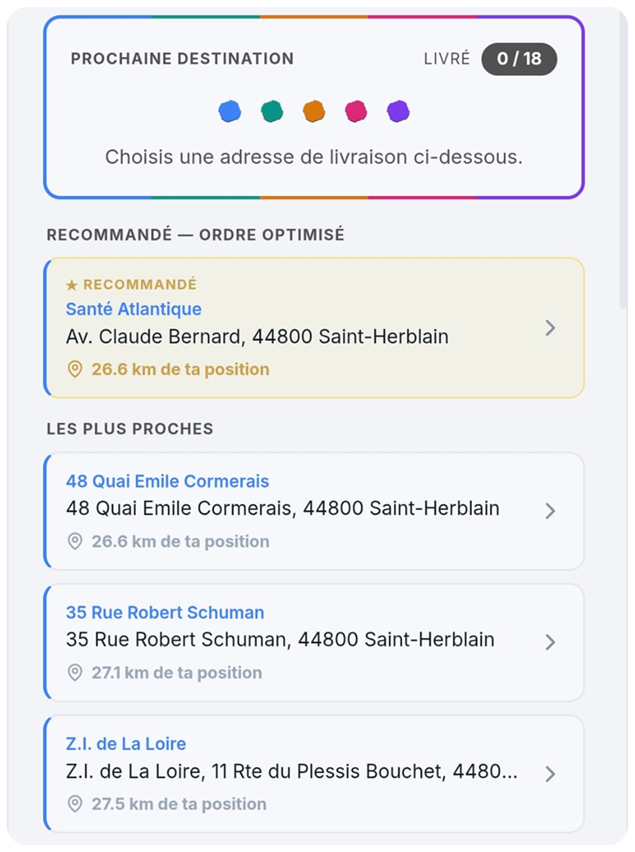 Écran ATEQO : prochaine destination recommandée, avec les adresses les plus proches proposées librement
