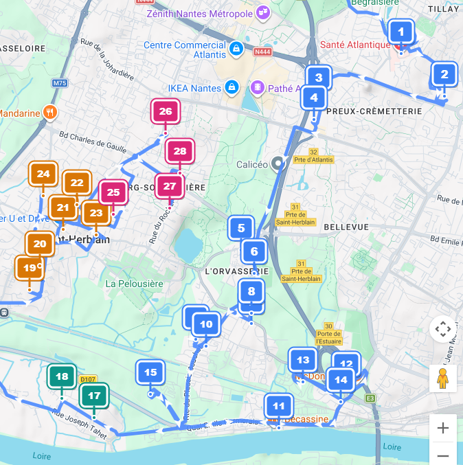 Carte ATEQO avec secteurs colorés : tournée organisée par zones